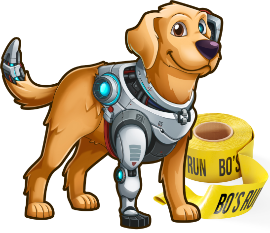A picture showing Bo. An animated character of a dog. Bo is a robotic guide dog. He is a golden Labrador with some robotic elements like the end of his tail. the front part of his Torso and his left front leg as well as a robotic left ear and eye.