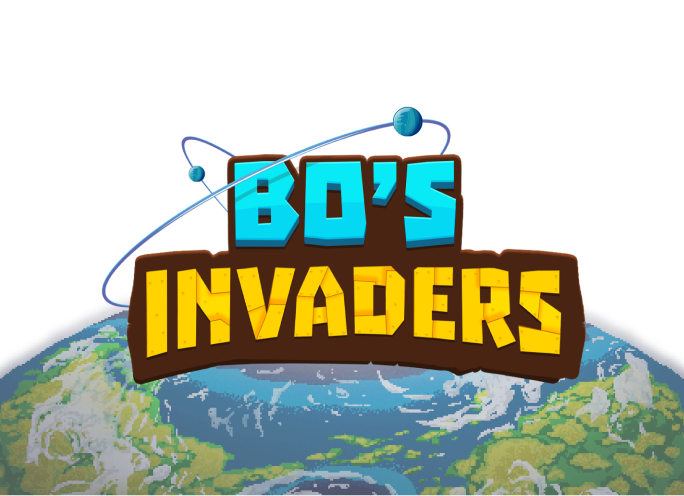 A picture showing Bo's invaders logo with a pixel art animation of the planet earth behind it.