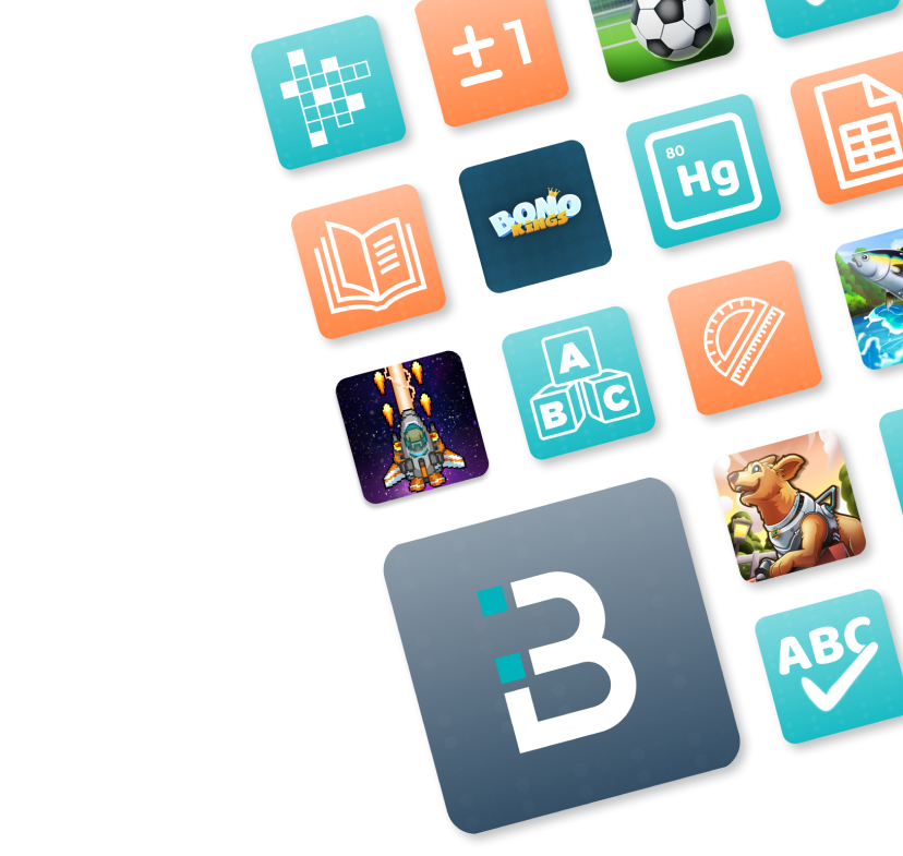 A collage of the icons of 15 Bonocle apps and games. At the bottom of the collage is the icon of the Bonocle companion app in a bigger size than the other icons.