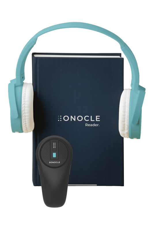 A graphic showing a Book titled Bonocle Reader it has Headphones around it and Bonocle in front of it indicating you can read and listen to the book at the same time.